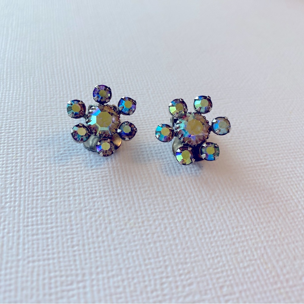 Vintage Rhinestone Floral Clip Earrings
